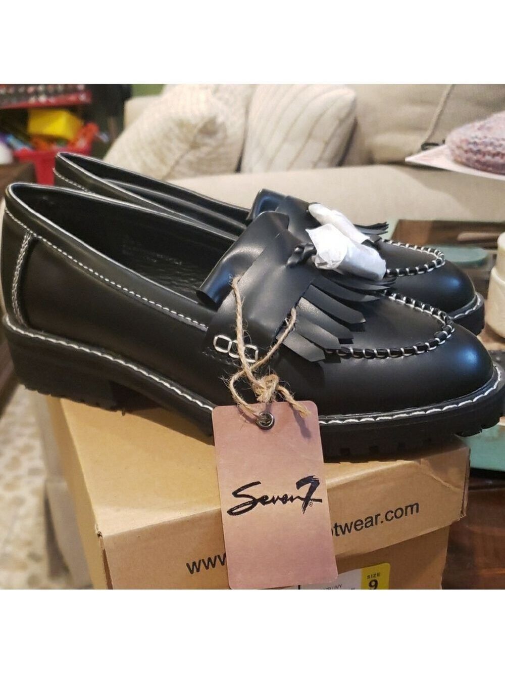 New In Box Seven7 Black Loafers with Lug Sole And Fringe Detail - Picture 3 of 7